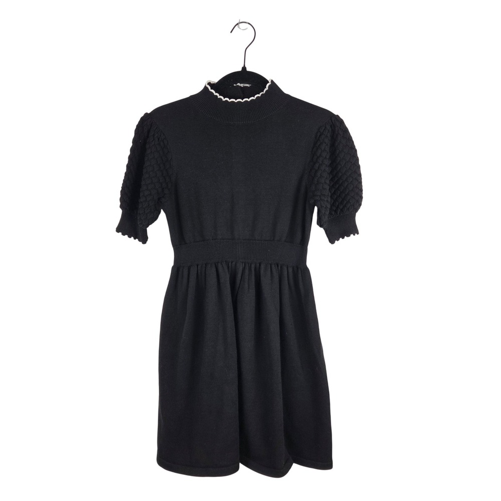 Janie & Jack Girls Black Textured‎ Knit Puff Sleeve Sweater Dress Sz 8 Mock Neck